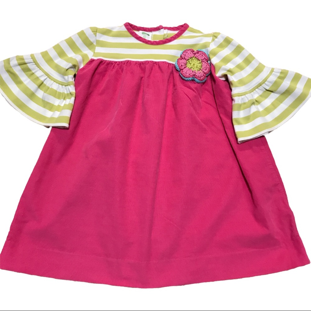 Zuccini girl’s pink corduroy and lime striped bell sleeve dress